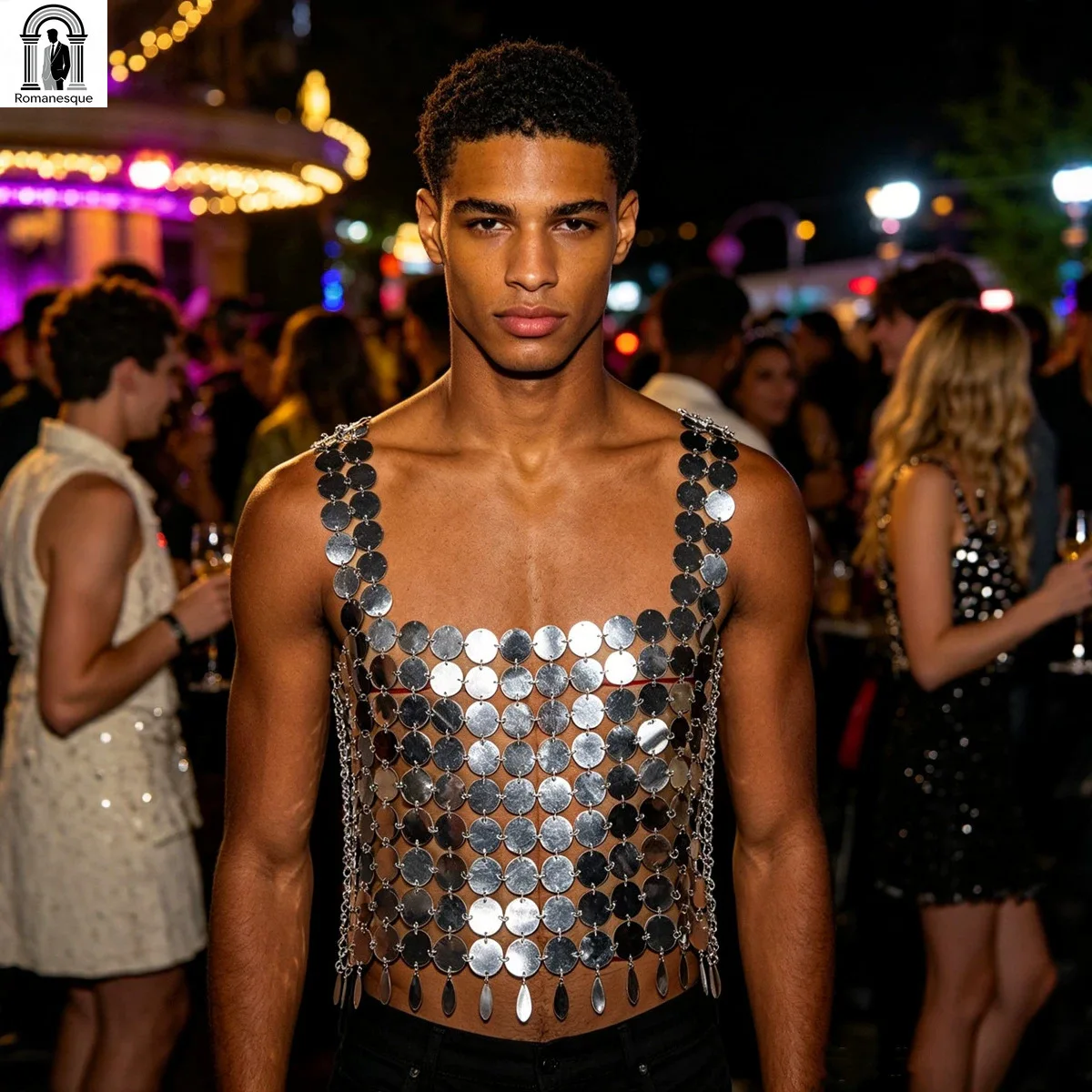 Fashion Men's Sparkly Disc Chain Sling Vest Adjustable Body Jewelry Top For Party Bar Stage Performance Sexy Body Harness Vest