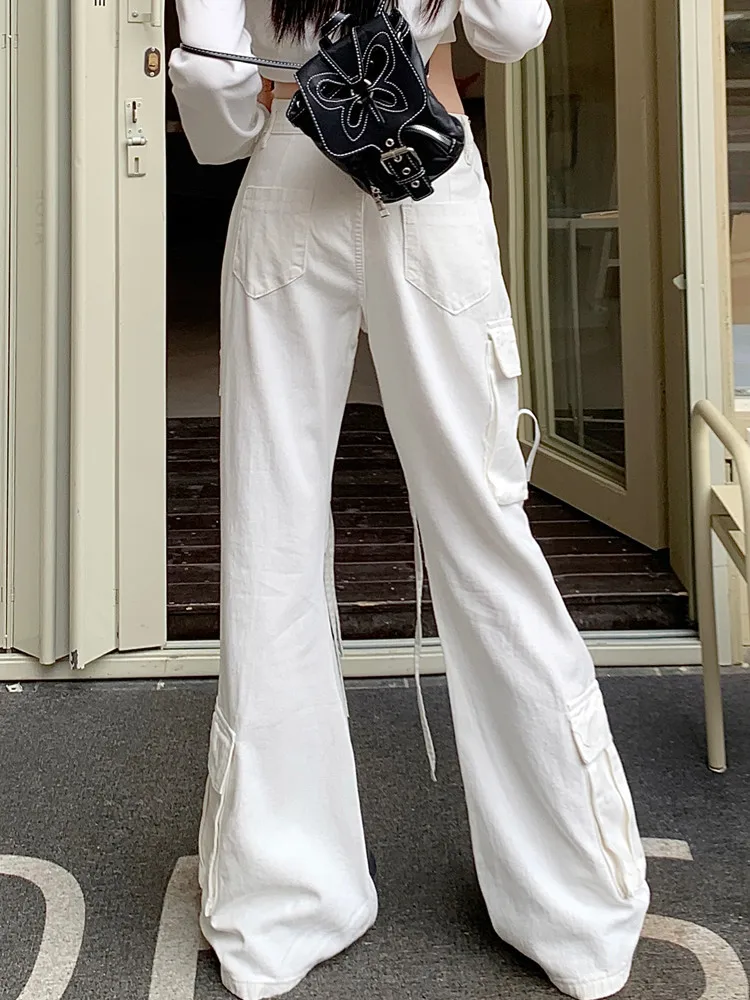 2023 Y2K Fashion Multi Pockets White Baggy Flare Cargo Jeans Pants For Women Korean Clothing Casual Lady Long Trousers Pantalons