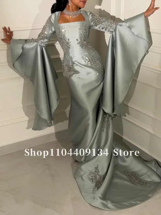 

Silver Satin Charming Formal Evening Gown Kaftan Bell-Sleeve Arabic Beaded Middle Eastern Women’s Party Prom Dresses Customized