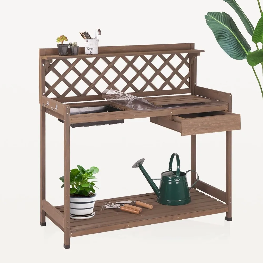 Potting Bench Pottings Table Pottings Benches for Outside 44 Inch Fir Wood Garden Station Garden Table PVC Layer Storage