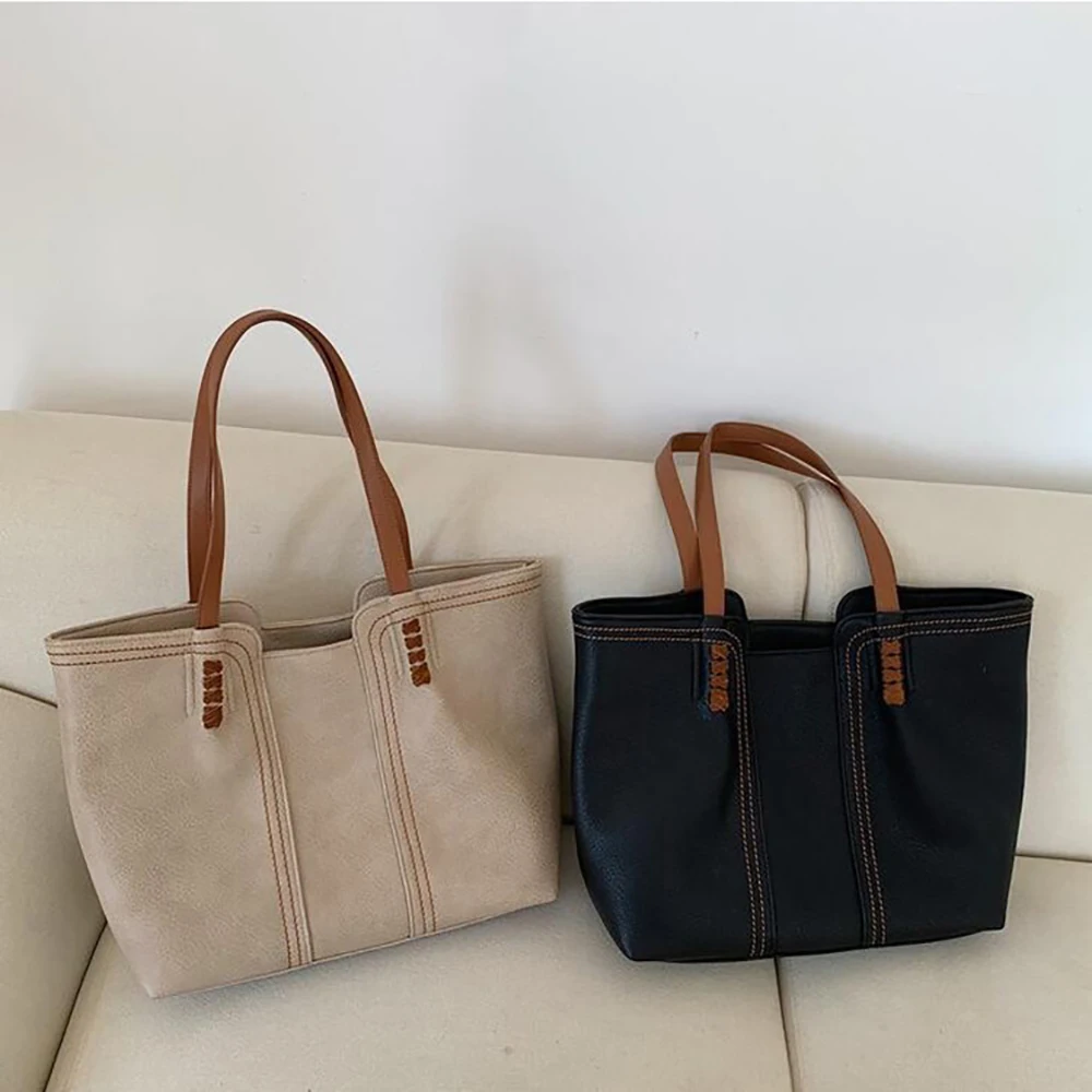 

Female Fashionable Simple Tote Bag Retro Contrast Color Thread Portable Large Capacity Commuter Bag Open Soft Surface Bags