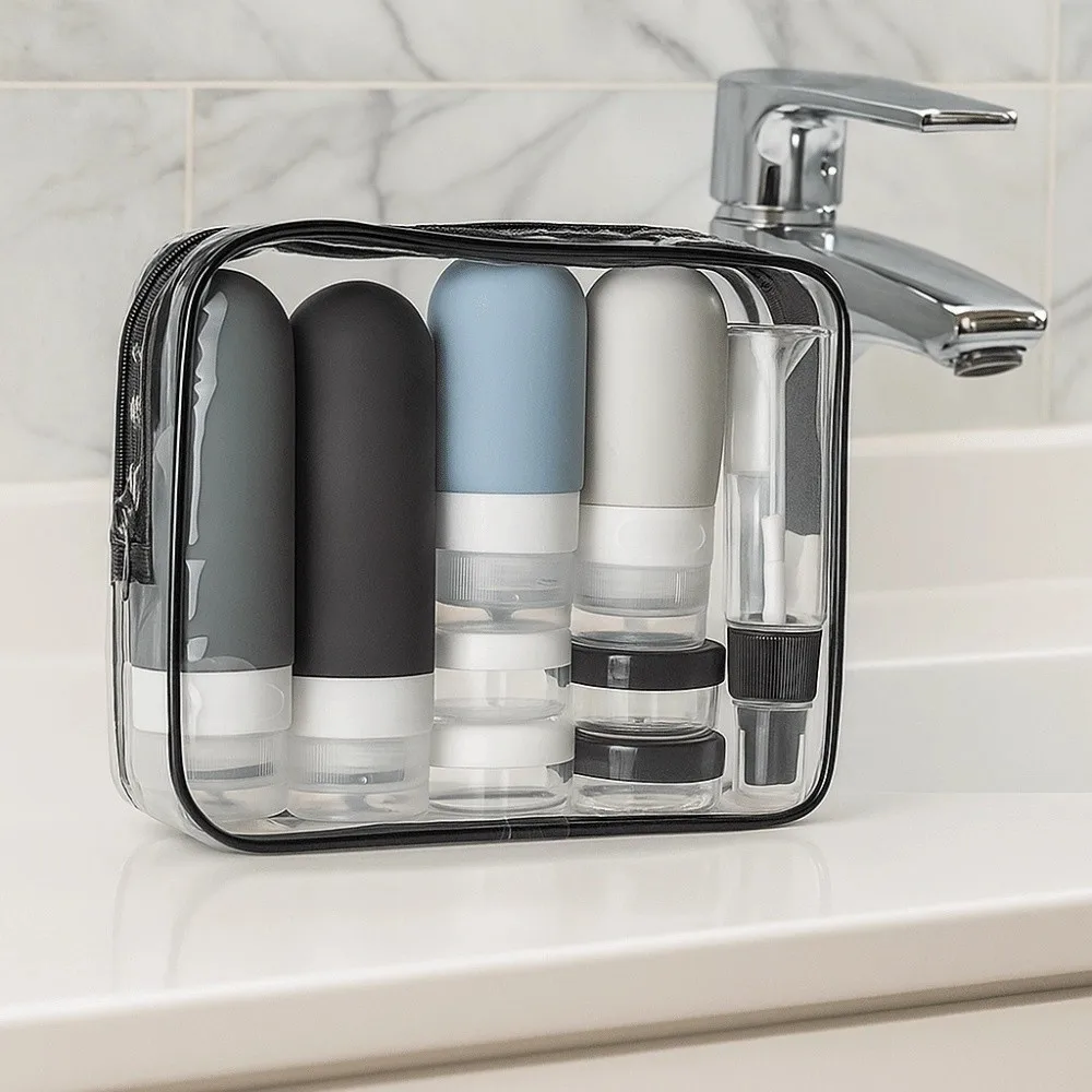 17 unids/set de dispensador de viaje de silicona recargable, diseño vacío en forma de bola, Kit de botellas de líquido para apretar, etiqueta en inglés a prueba de fugas