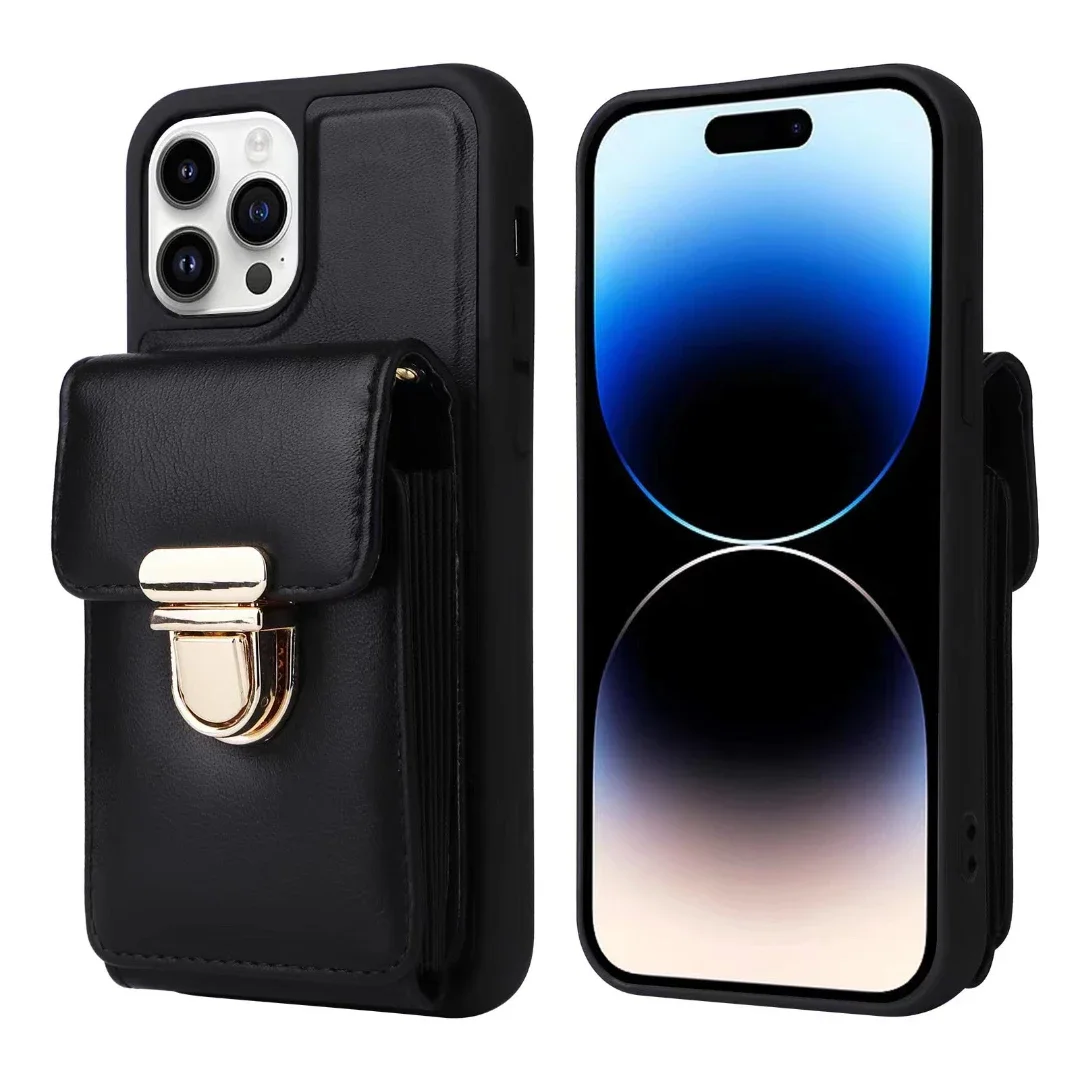 

New Organ Insert Black Card Round Label Lock Suitable for iPhone 14 Card Holder Phone Case 13promax 12pro Cord 11 Leather Cover