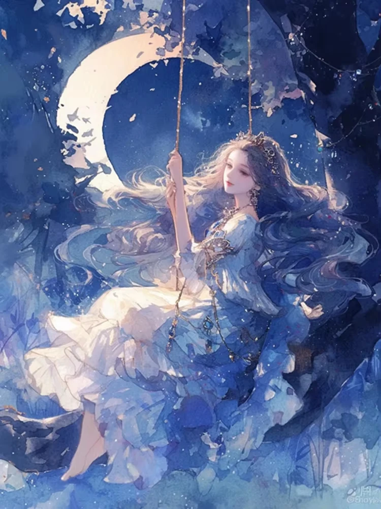 quebra-cabeca-artistico-em-aquarela-lavada-com-mistura-de-lavanda-sonhadora-e-ouro-palido-decoracao-com-tema-de-jardim-noturno-misto-lua-balanco-e-fada-rosa
