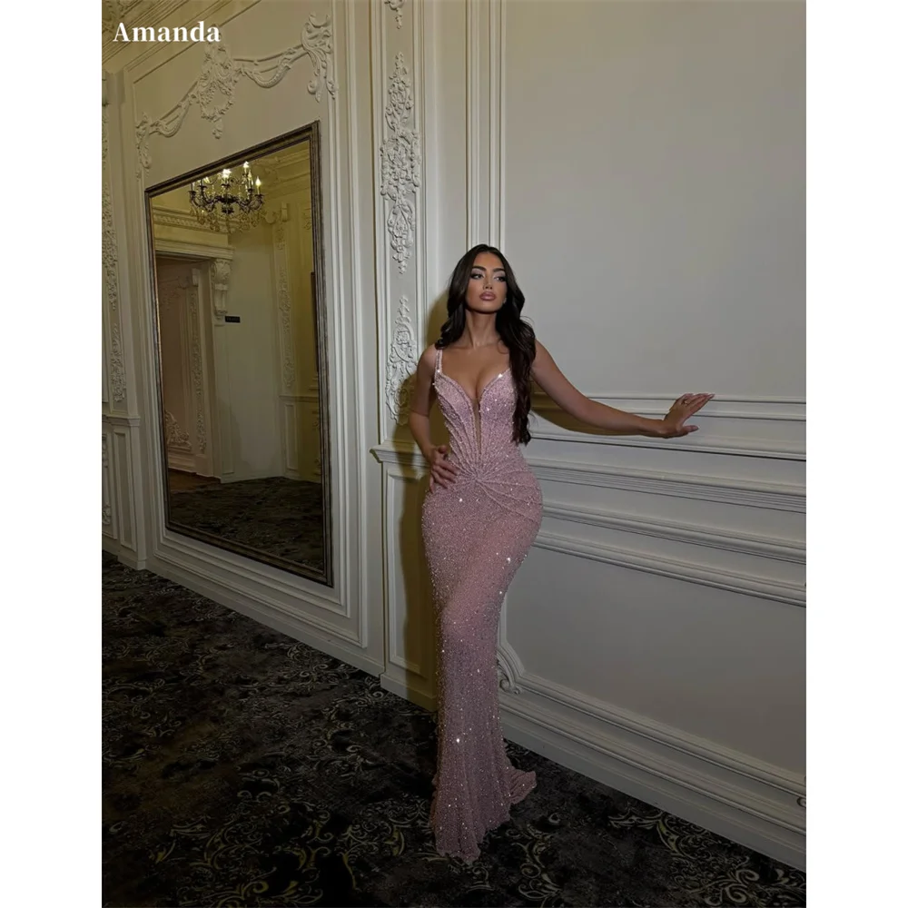 

Amanda Customized Pink Mermaid Shiny Sequins Prom Dress Sexy Spaghetti Strap vestidos de noche Floor-Length Formal Evening 2025