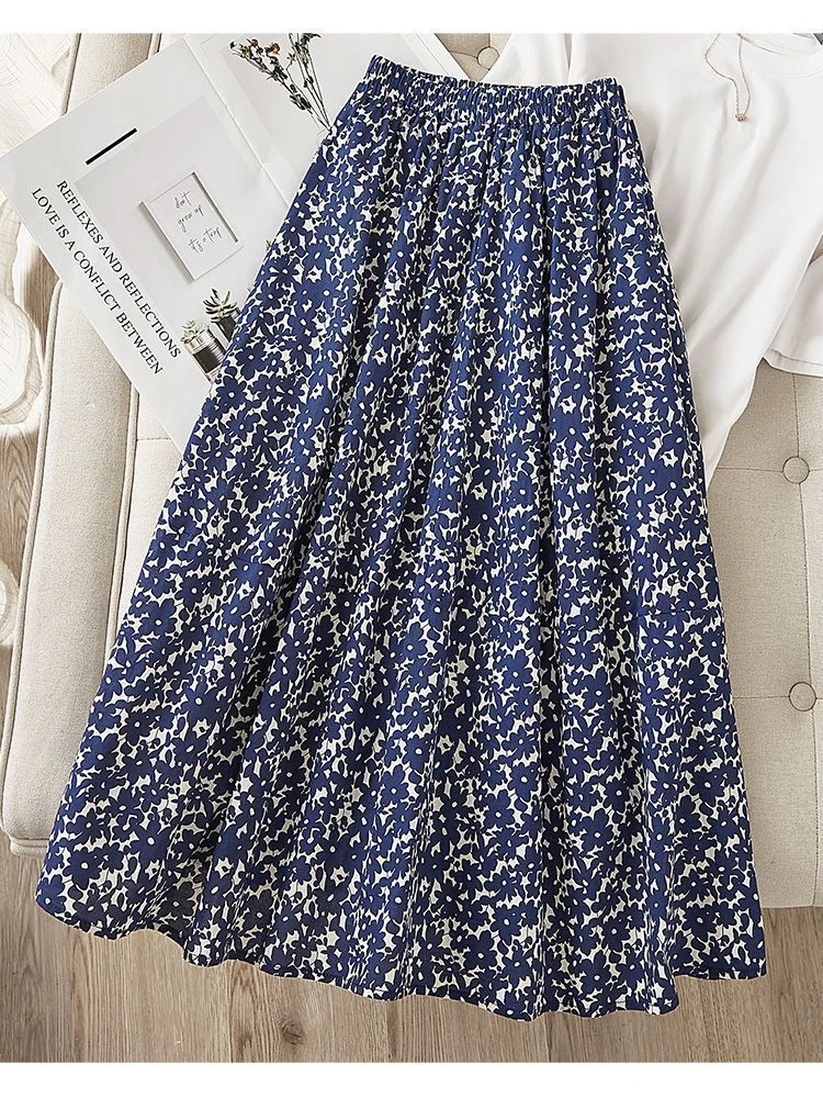 

Simple Floral Printed Skirt Women 2025 Summer Elastic High Waist A-line Mid Length Skirts Vintage Versatile Faldas New