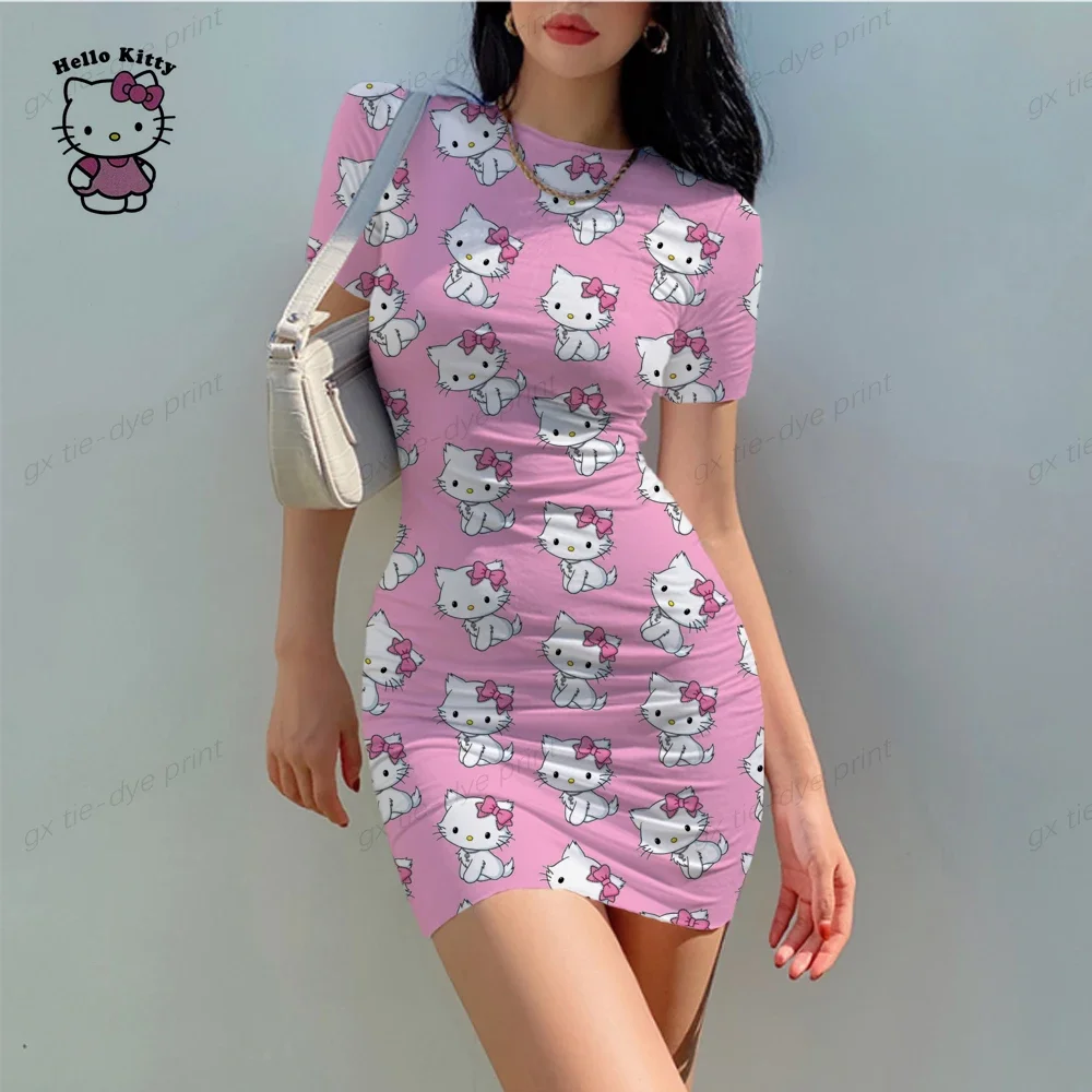 New round neck short sleeved Hello Kitty tight mini skirt sexy short skirt elegant chest slim fit pleated dress for women