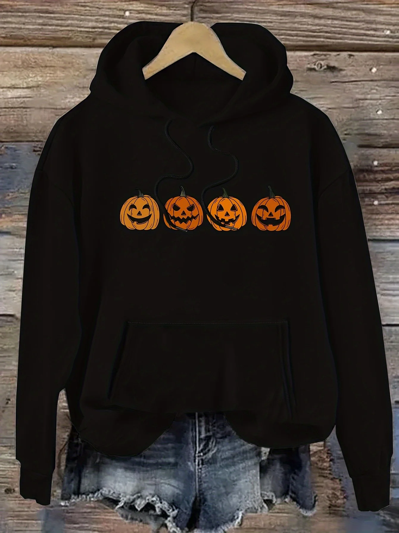 

Повседневная толстовка с рисунком тыквы на Хэллоуин — черная толстовка на шнурке с передним карманом, подходит для осени и весны