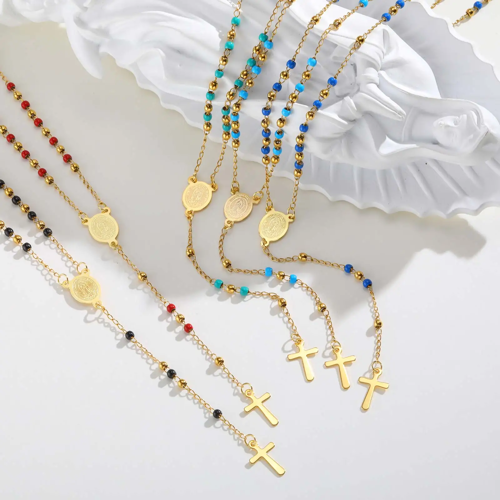 

Colored Bead Virgin Y-shaped Necklace for Women,Stainless Steel Cross Prayer Catholic Rosaries Necklaces,Holy Jewelry Gift