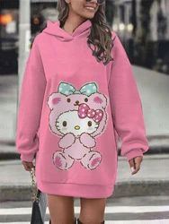 2024 Women's Street Style Casual Fashion Clothing Hello Kitty Print Women's Hooded Dress Sweater Warm Winter Clothing