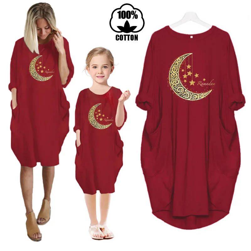 

2023 Ramadan Clothes Mommy and Me Dress Kids Midi Dresses Girls Long Sleeve O-Neck Pocket Vintage Party Club Streetwear Vestidos