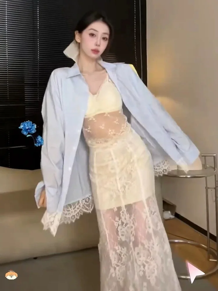 Vacation Style Long Sleeve Lace Shirt Half Skirt Beautiful Back Three Piece Set Spring Summer New Arrival Lazy Style Women's ...