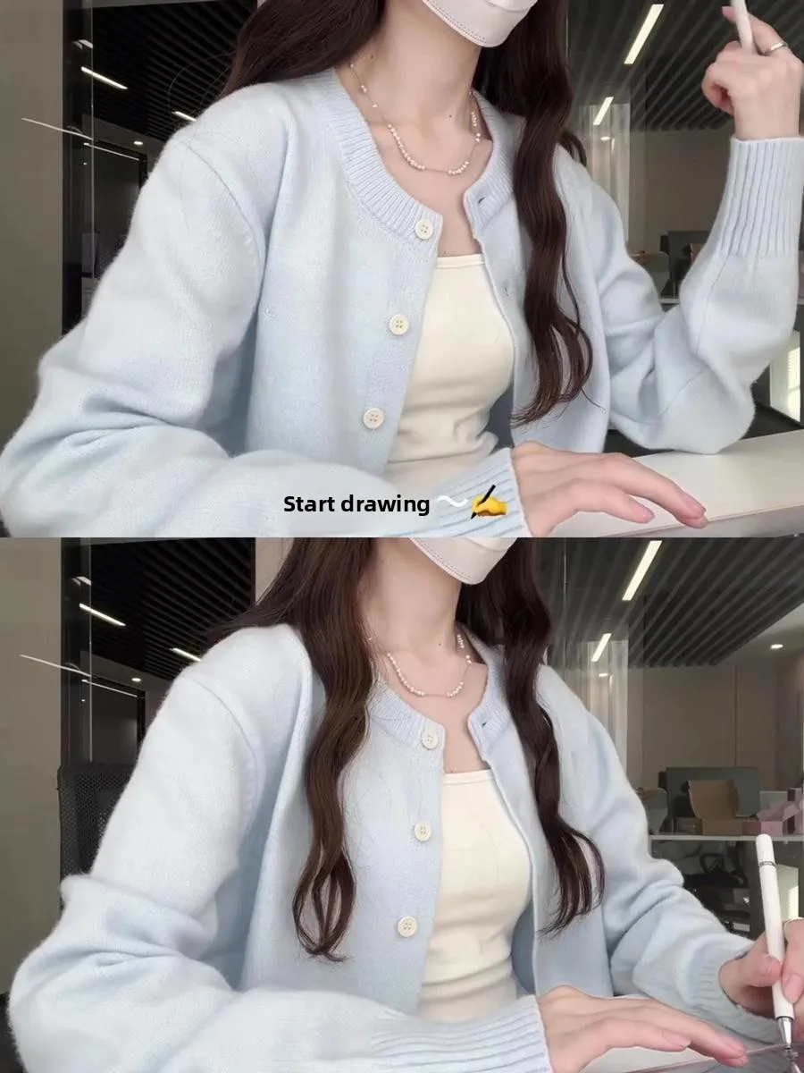 Blue Soft Cozy Knitted Cardigan Short round Neck Women's Spring 2026 Lazy Style Top Korean Loose Fit Long Sleeve