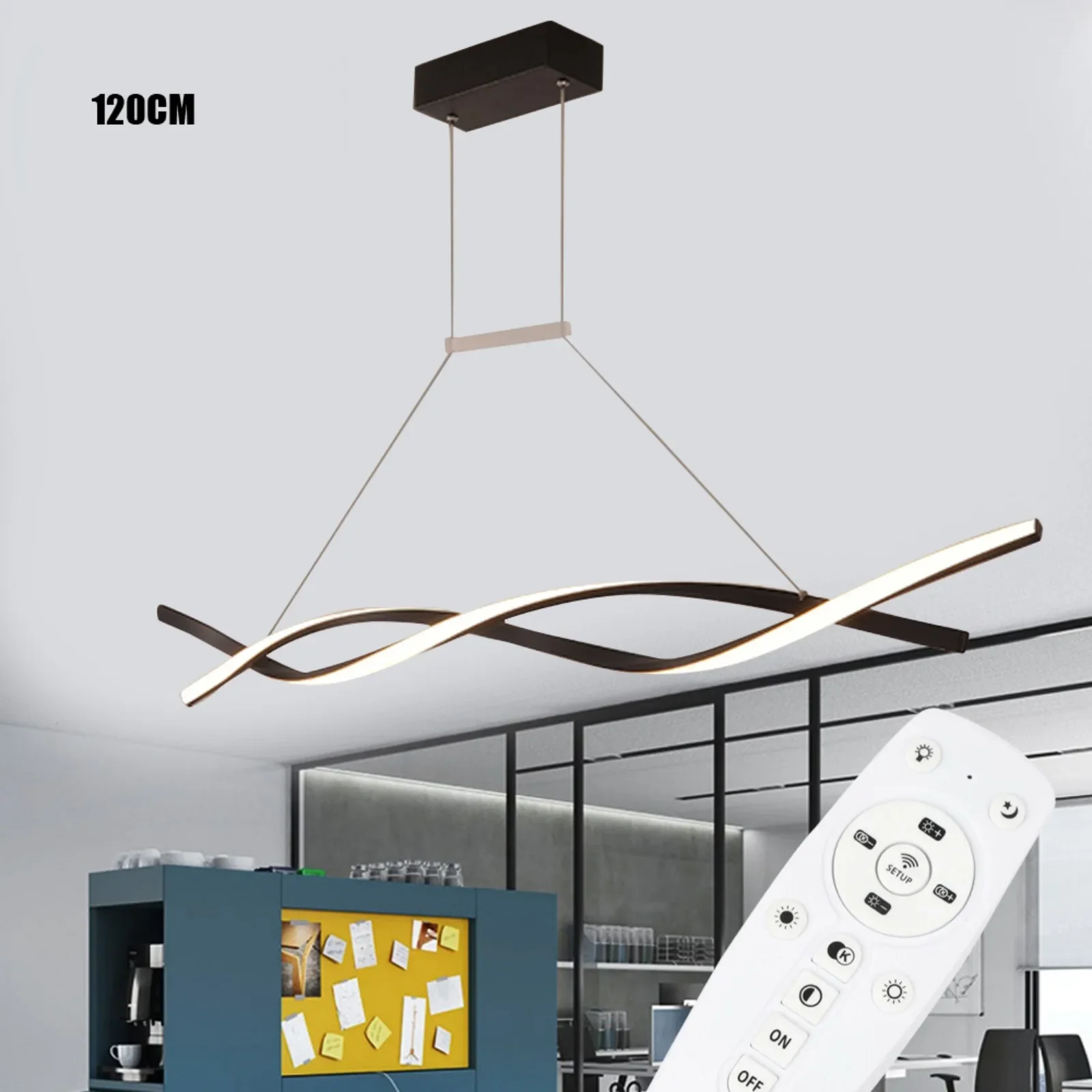 Modern Black Pendant Light for Dining Room, Remote Control Dimmable LED CeilingLight Fixture, 46W 110V Adjustable Height 1.2m