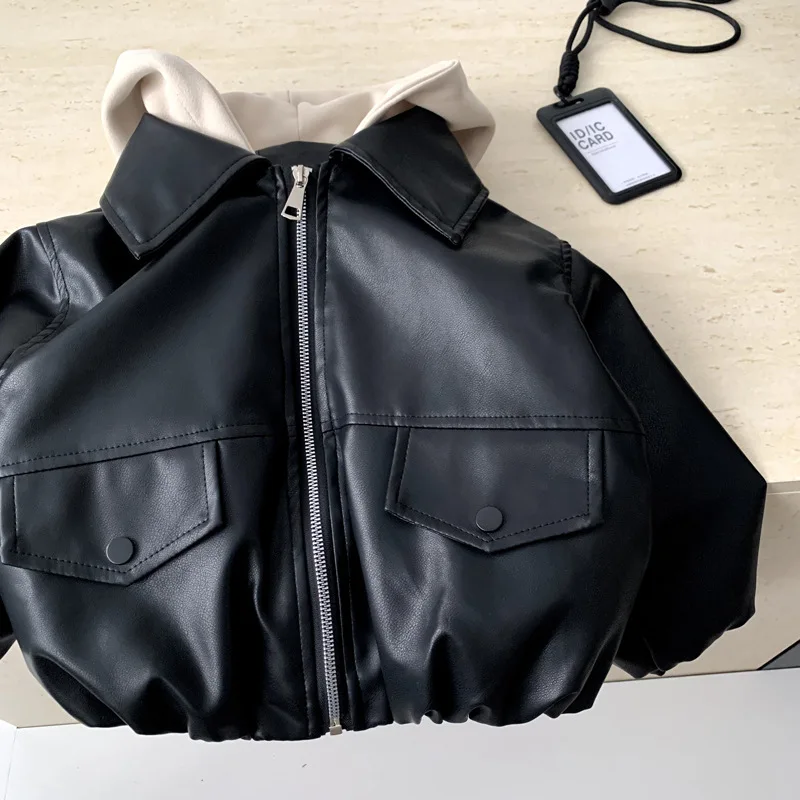 Coat 2026 Spring and Summer New Childrens Clothing Korean Style Boys and Girls Fashion Casual Hooded Leather Coat Simple
