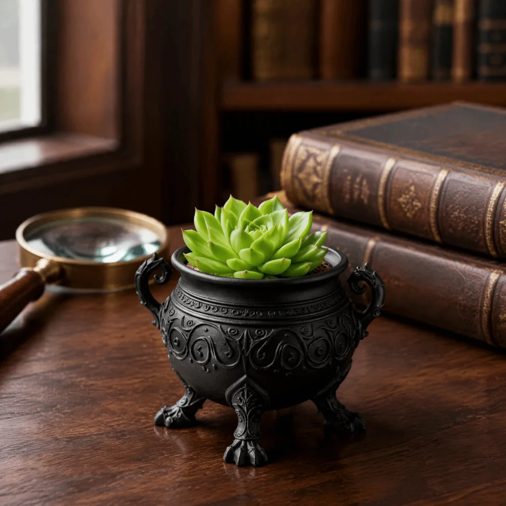 3D Printed Gothic Cauldron Planter Pot Dark Aesthetic with Three Legged Cauldron Storage Pot Dual Curved Handles Plastic