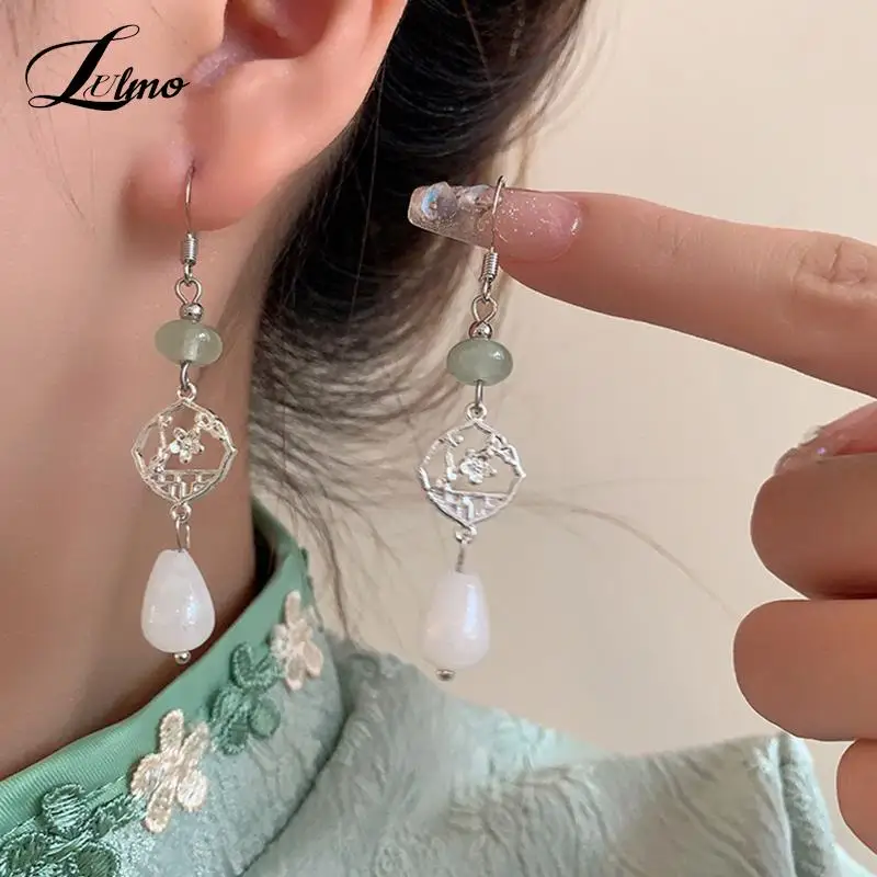 Silver Color Jade Earrings Safe Buckle Chinese Earrings Female Summer Temperament Ancient Style Net Red Jewelry