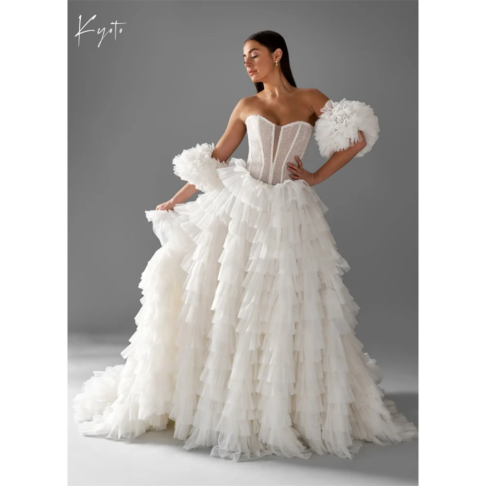 

Kyoto Customized A-Line Beads Tiered Ruffle Ball Gown Wedding Dress Strapless Corset vestidos de novia Long Train Evening Dress