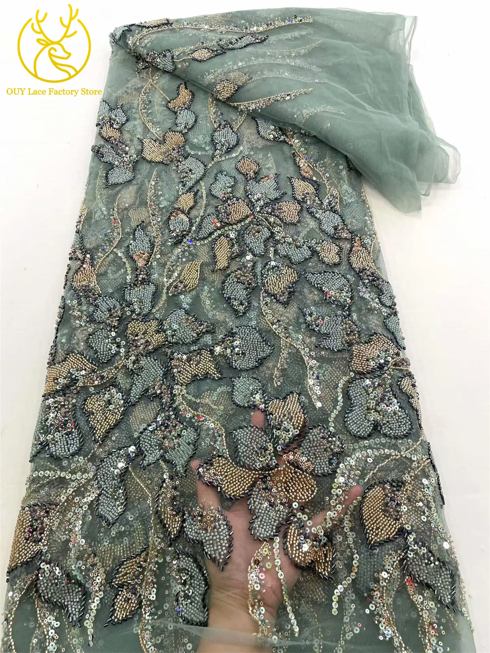 Heiß begehrter französischer Stickerei-Spitzenstoff mit Perlen und Pailletten, 5 Yards, afrikanischer Spitzenstoff, nigerianische Spitze für Brautkleider und Hochzeitsfeiern – Detail 12
