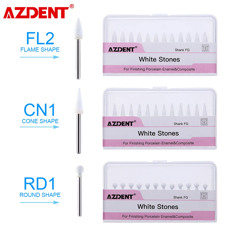 12Pcs/Box AZDENT Dental Flame White Stone Polishing FG Burs FL2 Abrasion Point Bur Fit High Speed Handpiece 1.6mm Dentist Tools