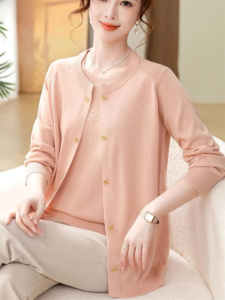 

Модный свободный вязаный кардиган-топ для женщин среднего возраста, осенне-зимний комплект из двух предметов, верхняя одежда, пальто