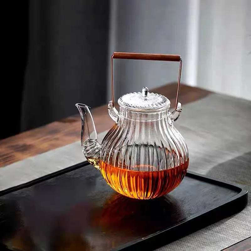 Tetera de cristal de crisantemo con mango de Metal de 700ml, tetera de té Olong con flor de Puer hirviendo para el hogar, juego de té de Kung Fu