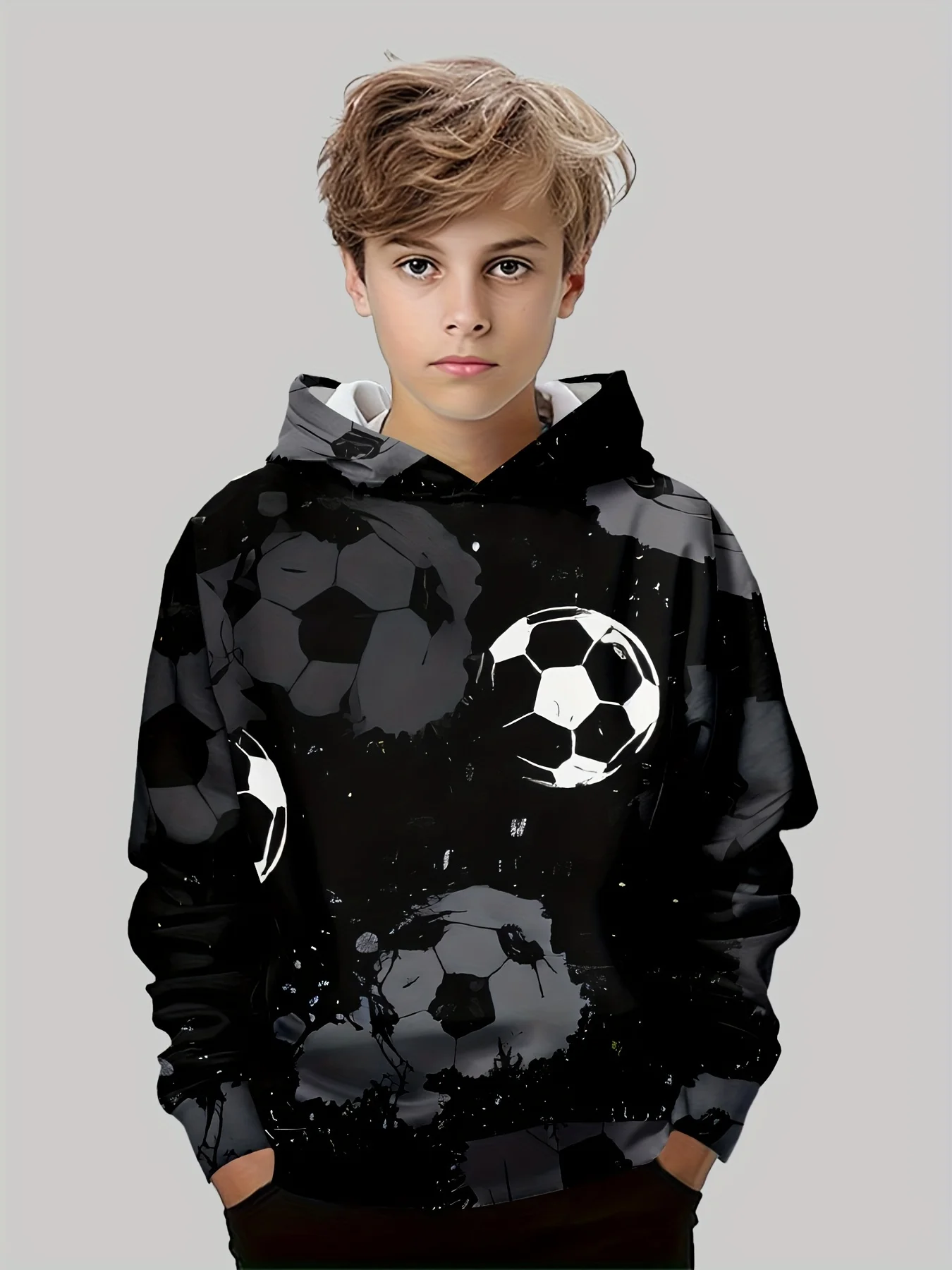 

Boys' 3D Soccer Ball Harajuku Print Hoodie Casual Polyester Long Sleeve, Slight Stretch, Hooded Active Sweatshirt for Running