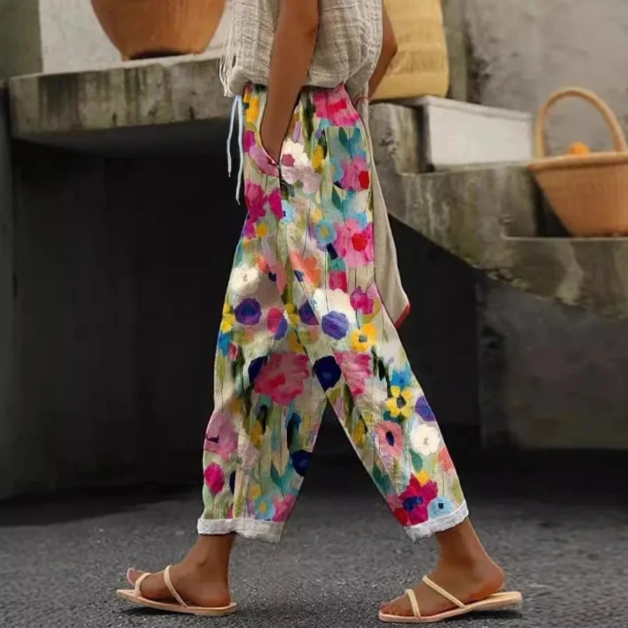 

Print Women Pants Mid-waist Ankle Ethnic Retro Length Pant Summer Cotton Linen Pocket Straight Trousers Lady Casual Sweatpant