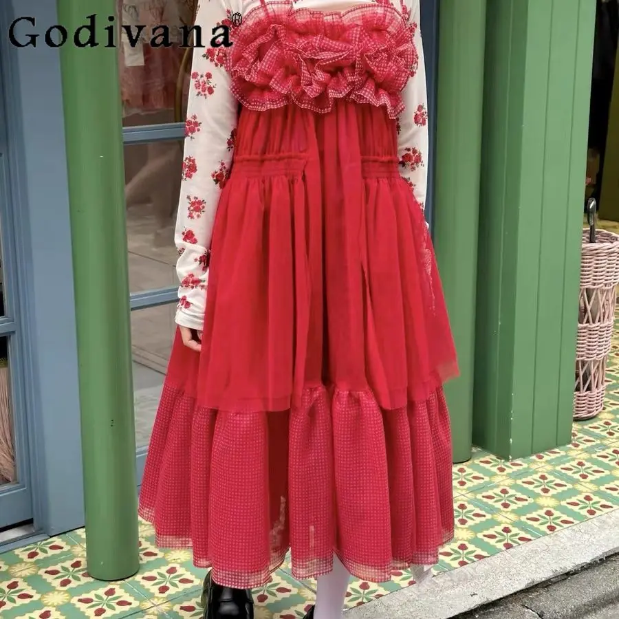 

2026 Summer New Japan Style Women's Sweet Fashion Red Dress French Elegant Ladies High Waist Vintage Suspender Dress Print Top