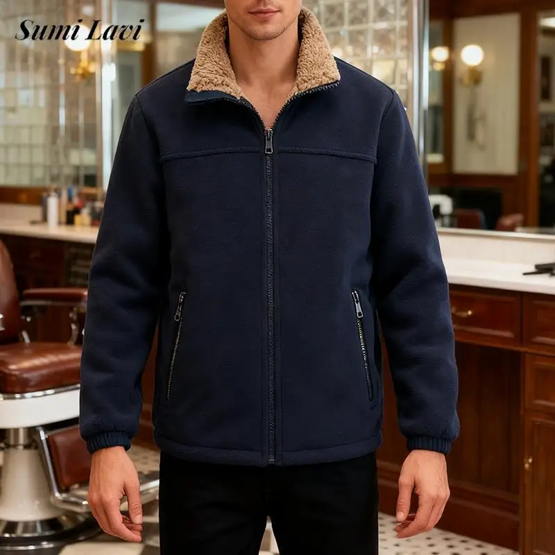 

New Casual Cozy Furry Jackets Mens Fleece Lining Warm Jacket Coat Autumn Winter Fashionable Men's Solid Color Zip-up Outerwear