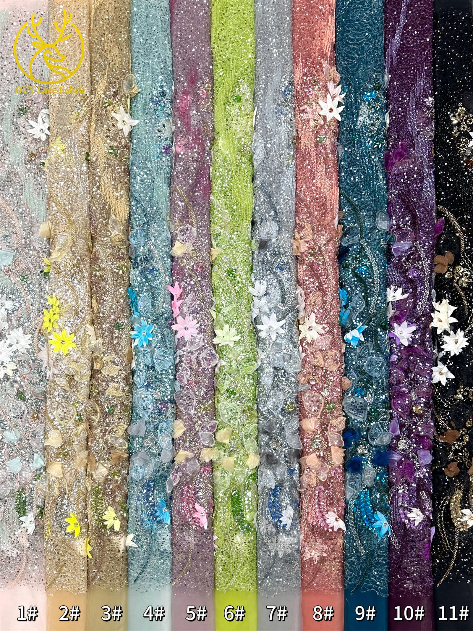 Hochwertiger luxuriöser französischer Edelstein-Perlenstickerei-3D-Blumen-Afrikanischer-Pailletten-Spitzenstoff für DIY handgefertigtes Hochzeitskleid. – Detail 32
