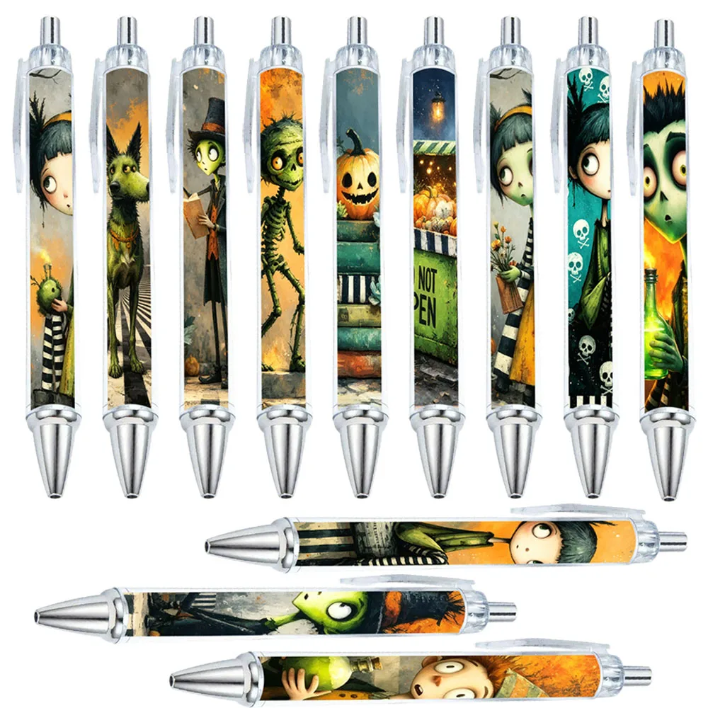 12/18 PCS Green Hair Magic Retro Halloween Illustration Theme Ballpoint Pens - Educational Office Supplies - Patterns Random