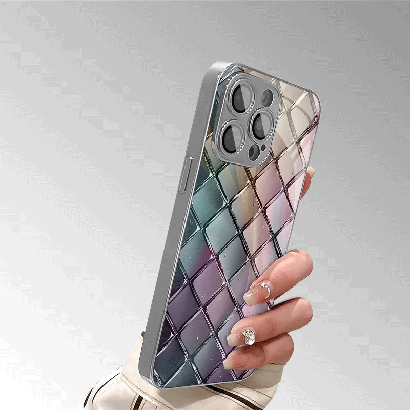정교한 스테인드 글라스 질감의 다이아몬드 메쉬 패턴 전기 도금 유리 아이폰16 15 14 13 12프로맥스 폰 케이스