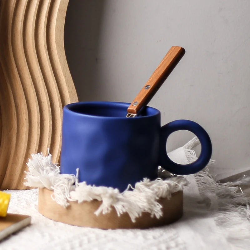 Irregular hand held large earrings Ceramic Klein Blue mug Large capacity coffee cup