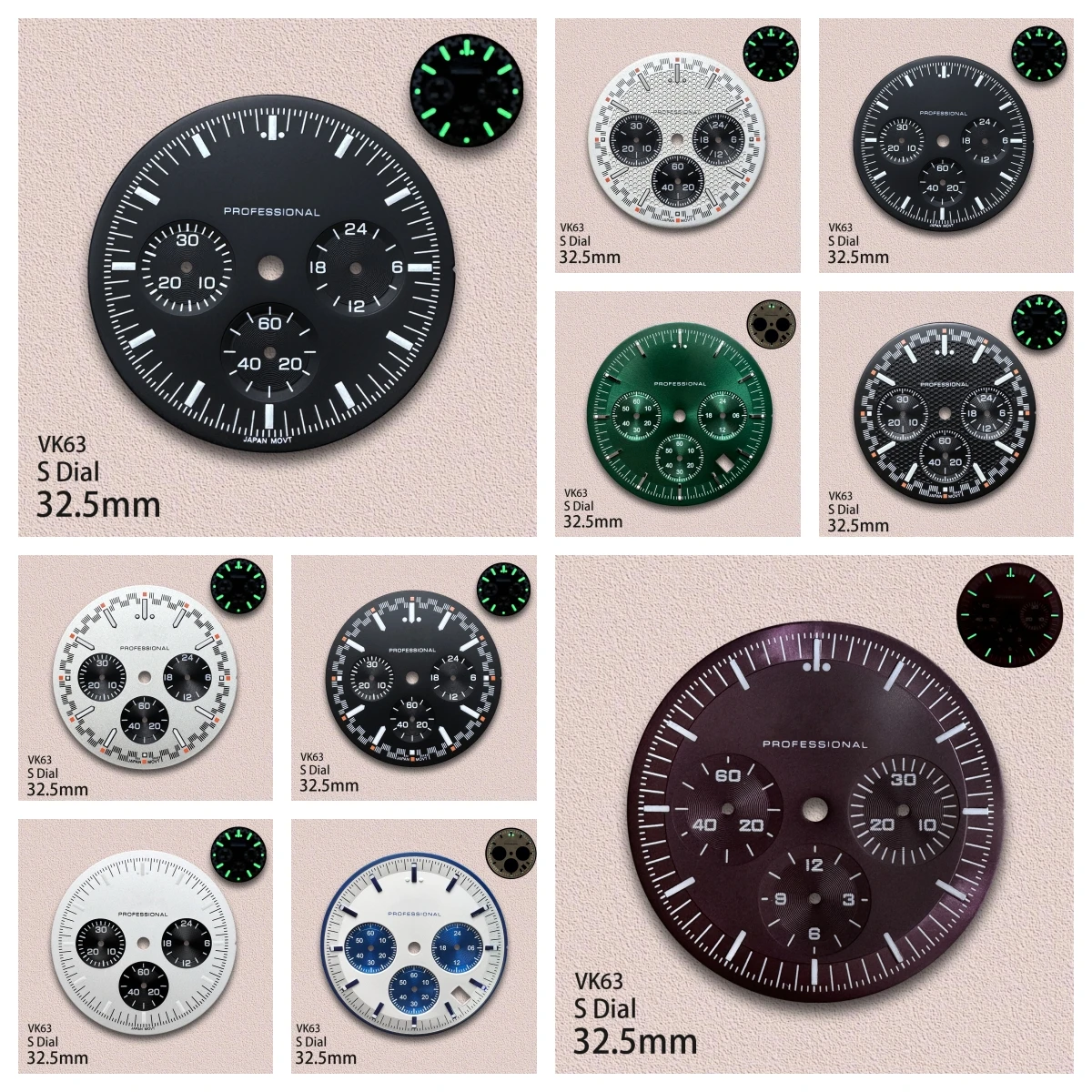 

32.5mm S Logo Dial Fit VK63 Movement Green Luminous Speed High-Quality Dial Watch Modification Accessories