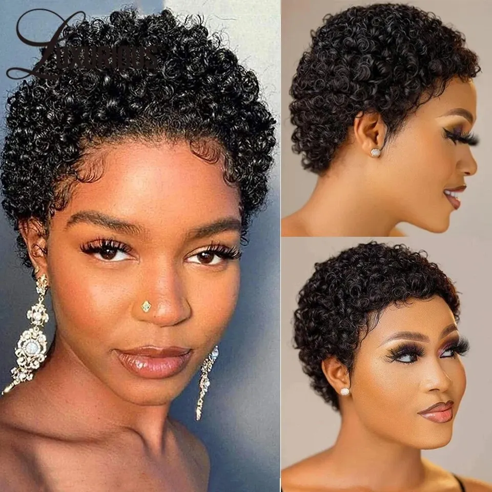 LUXURIOUS Short Pixie Cut Human Hair Glueless Wig Wear And Go Full Machine Made Brazilian Afro Kinky Curly Bob Wigs For Women