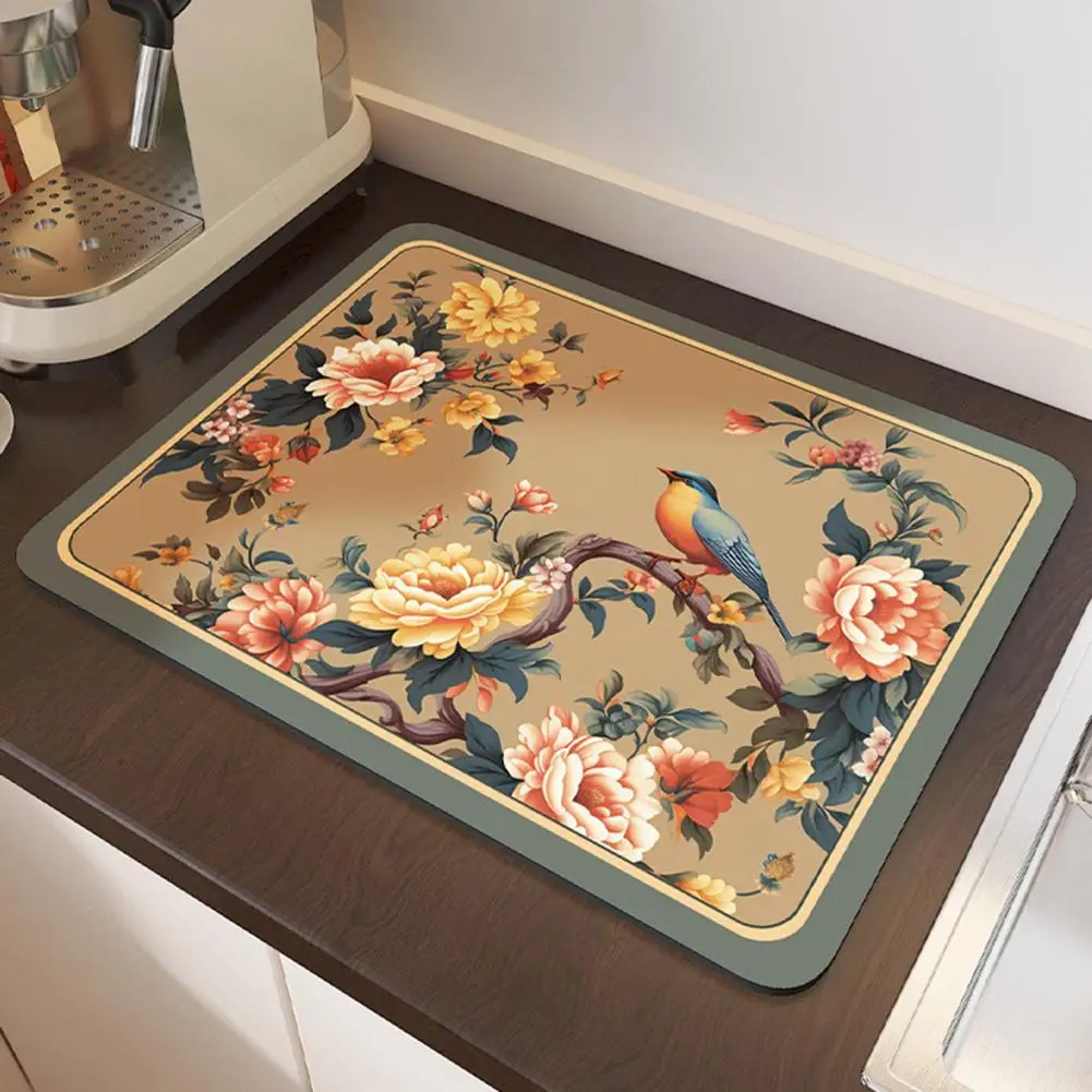 Kitchen Sink Mat Chinese Style Thickened Tea Mat Kitchen Countertop Draining Mat Water Absorbent Coaster Non-slip for Kitchen