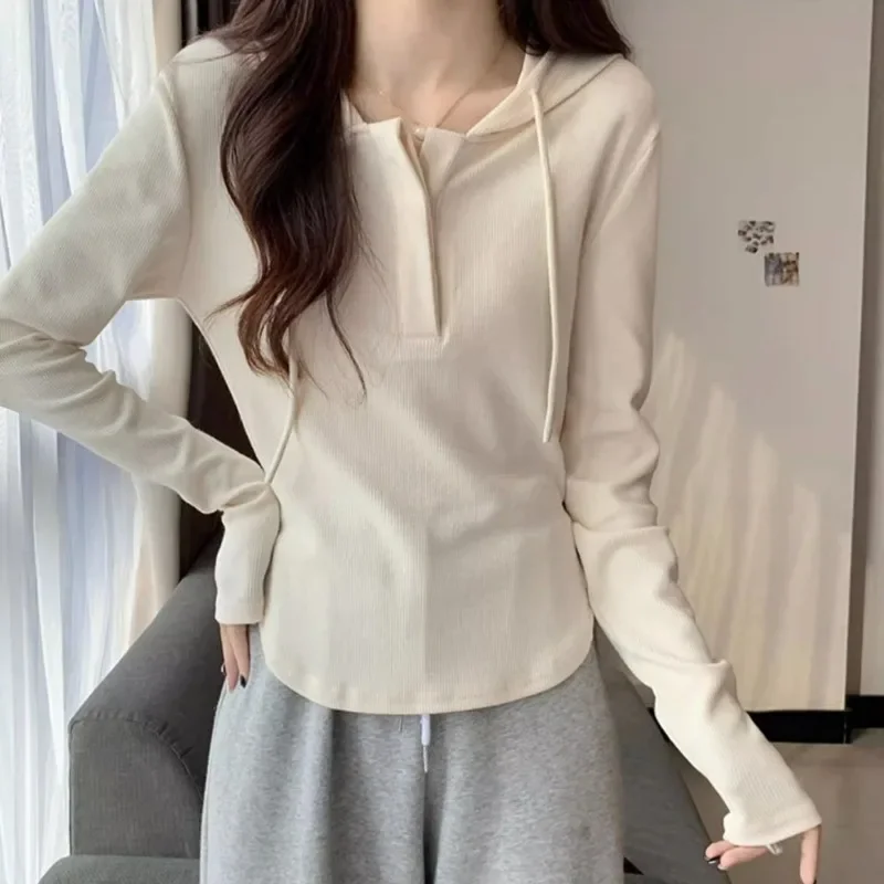 New Women Hooded T-shirts Spring Autumn Solid Colors Single Breasted Tops Long Sleeve Hoodies Slim Casual Tees Bottoming Shirts