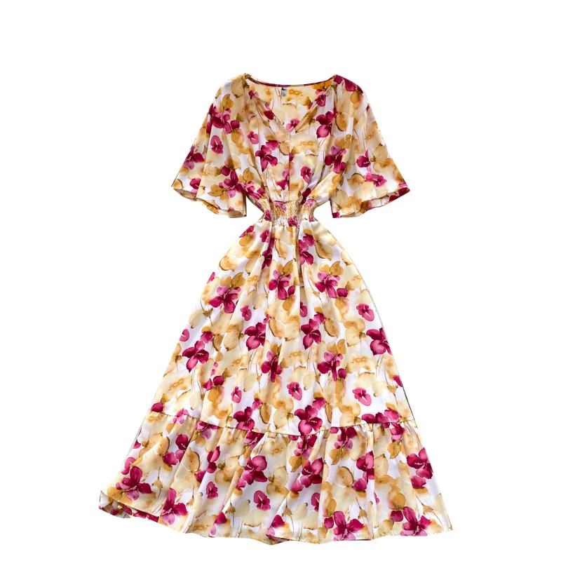 Boho vintage donna estate scollo a V stampa floreale abito lungo elastico in vita volant Chic vestido de festa INS abito da vacanza al mare