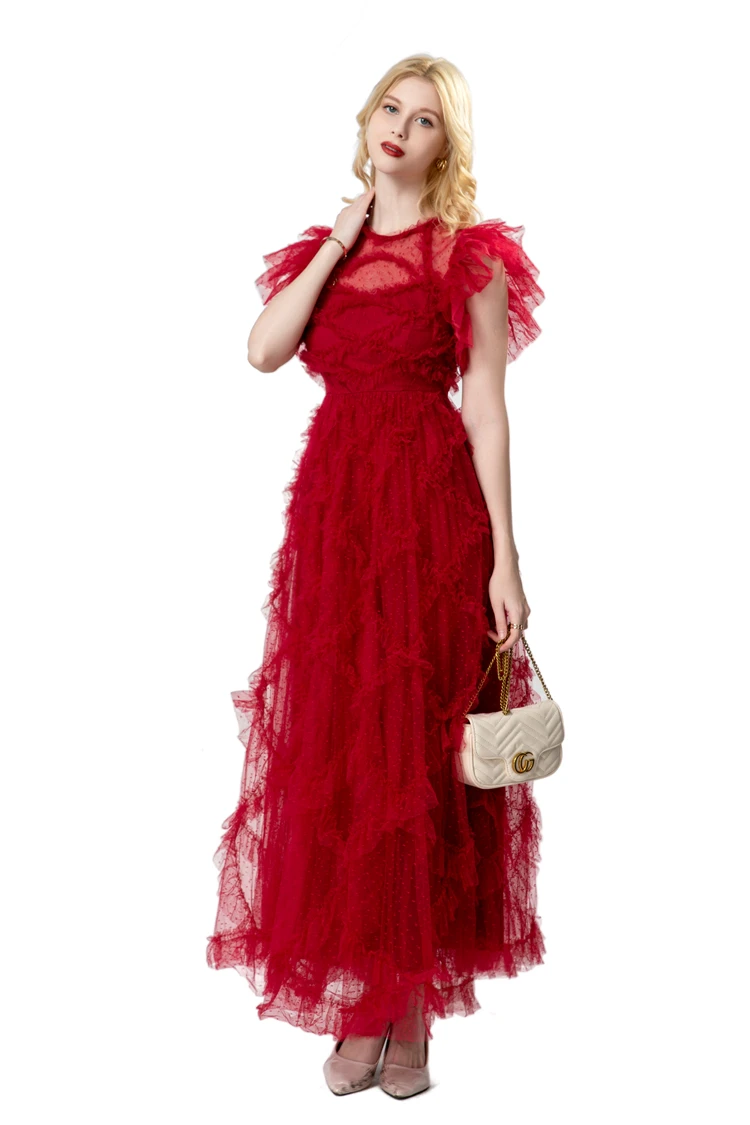 Vestidos femininos o pescoço babados mangas alargamento em camadas elegante designer de moda maxi festa baile vestidos