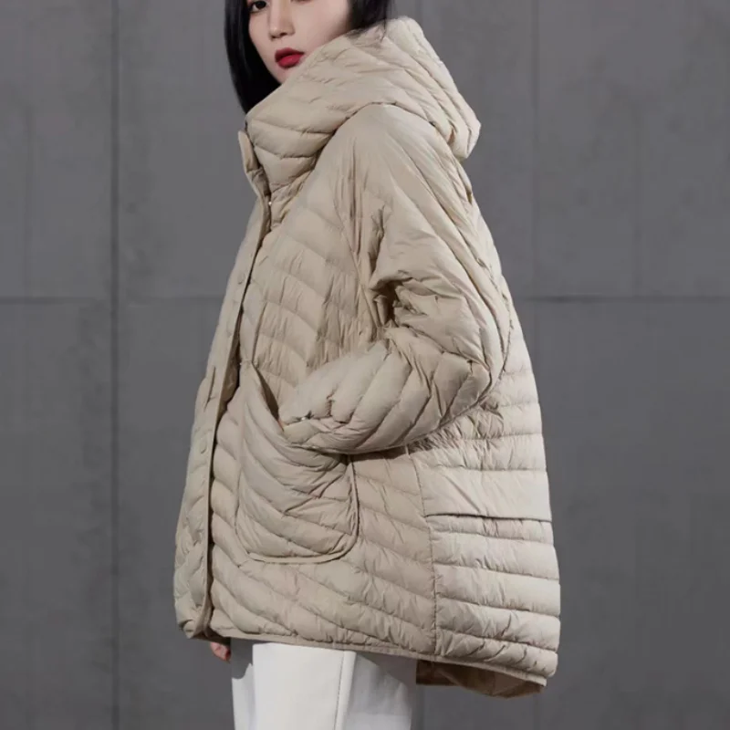 Piumini leggeri con cappuccio da donna, parka con tasche grandi, piumino monocromatico, semplice e casual, cappotti caldi larghi