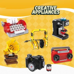 Vintage Mini Coffee Machine Camera Assembly Building Blocks Model Simulation Appliances Radio Typewriter Bricks Toys Idea Gifts