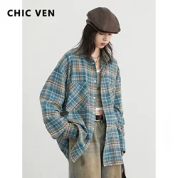 CHIC VEN Women's Cotton Shirt Single Breasted Loose New Retro Color Blocked Grid Female Blouses Autumn Spring 2024