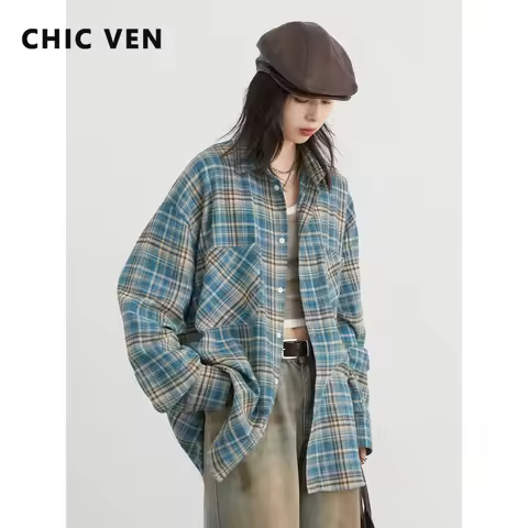 CHIC VEN Women's Cotton Shirt Single Breasted Loose New Retro Color Blocked Grid Female Blouses Autumn Spring 2026