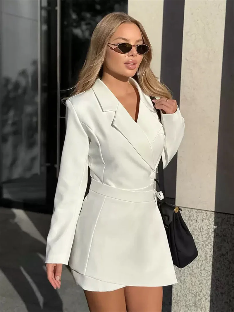 Women's Suit 2026 Spring New White Long-Sleeve Waist-Fitted Blazer with Wrap Waist Mini Skirt Set Stylish and Chic Sharp