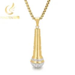 Fongten Microphone Men's Necklace Stainless Steel Inlaid Rhinestone Metal Pendant Necklace For Women Men Multiple Color Jewelry