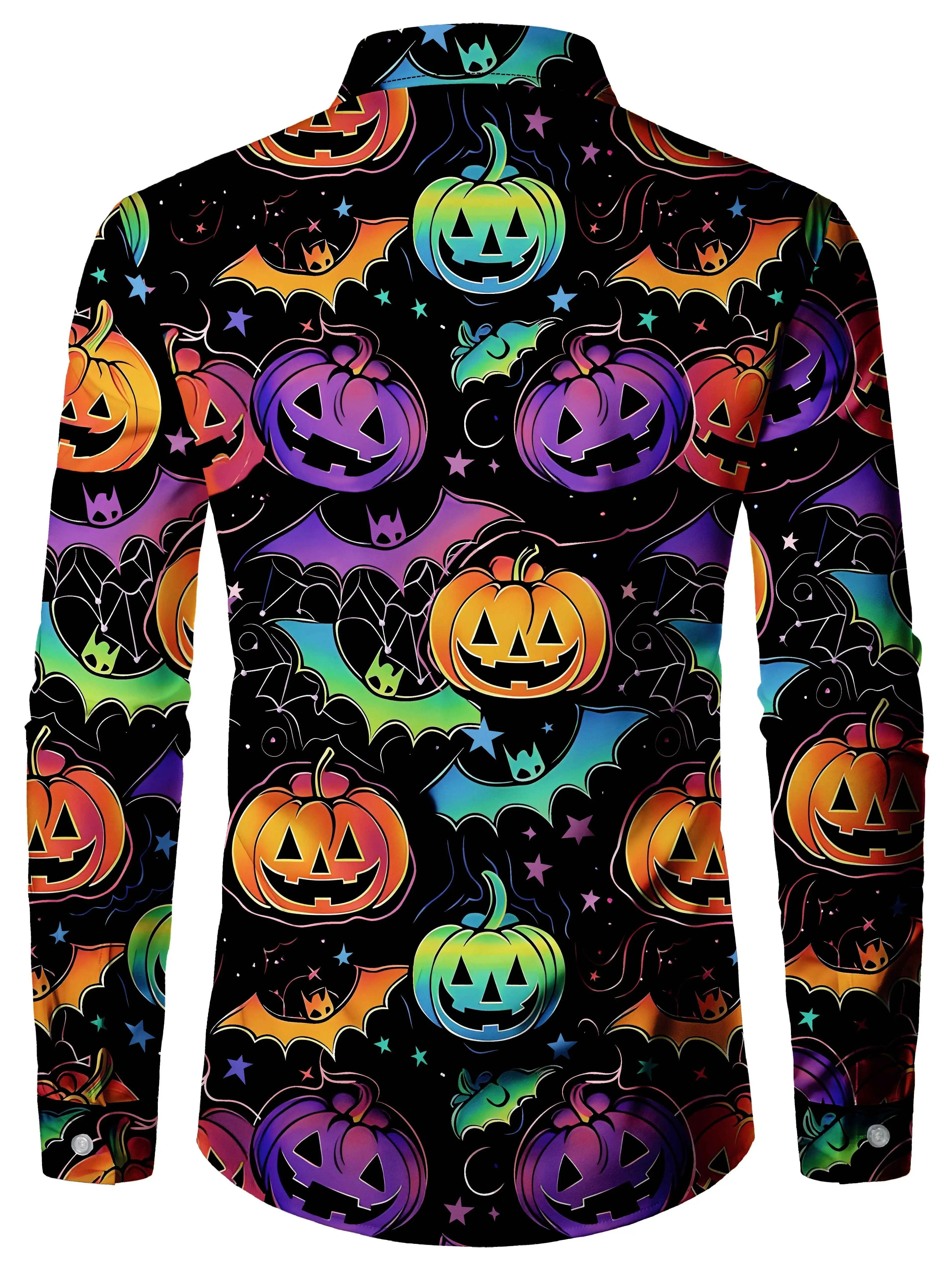 Men Long Sleeve Button Down Shirt Black Rainbow Pumpkin Bat Star Print Polyester Lapel Collar Halloween Party
