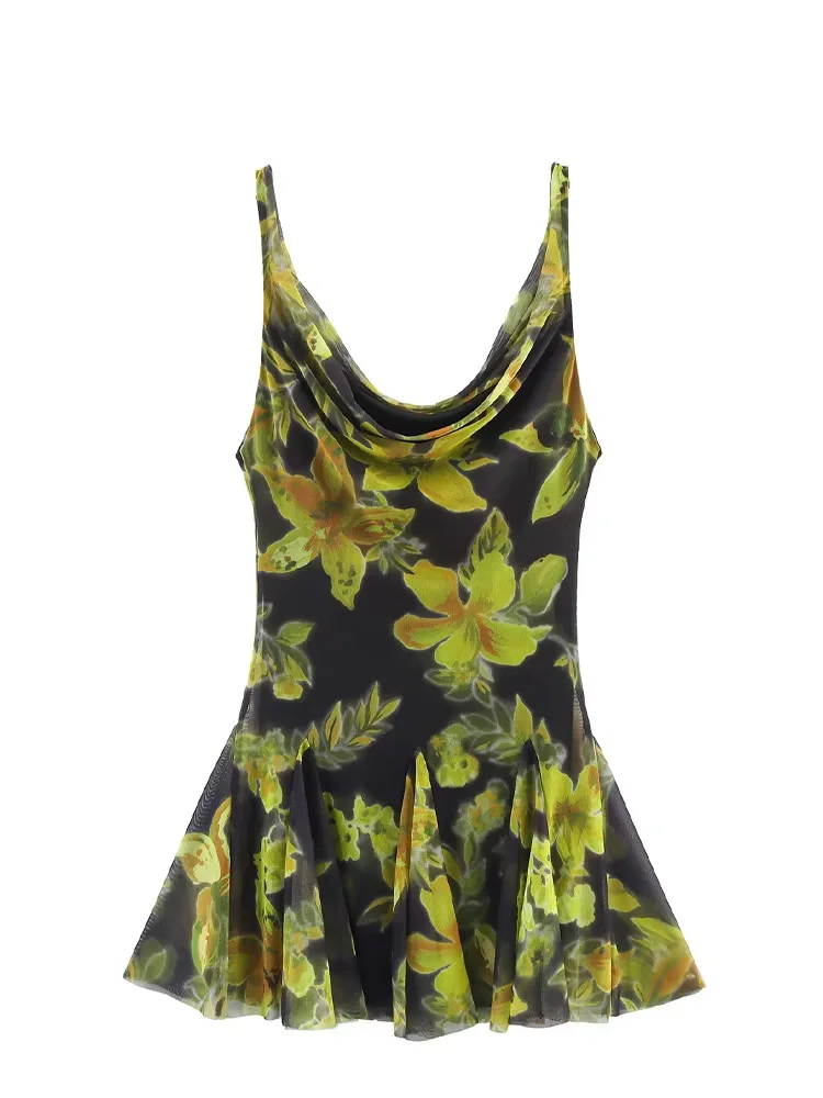 HH Frauen Neue Elegante Ärmellose Tüll Gedruckt A-Line Kleid Sommer Weibliche Hohe Taille Gefaltetes Schlanke Backless Sling Mini Kleid