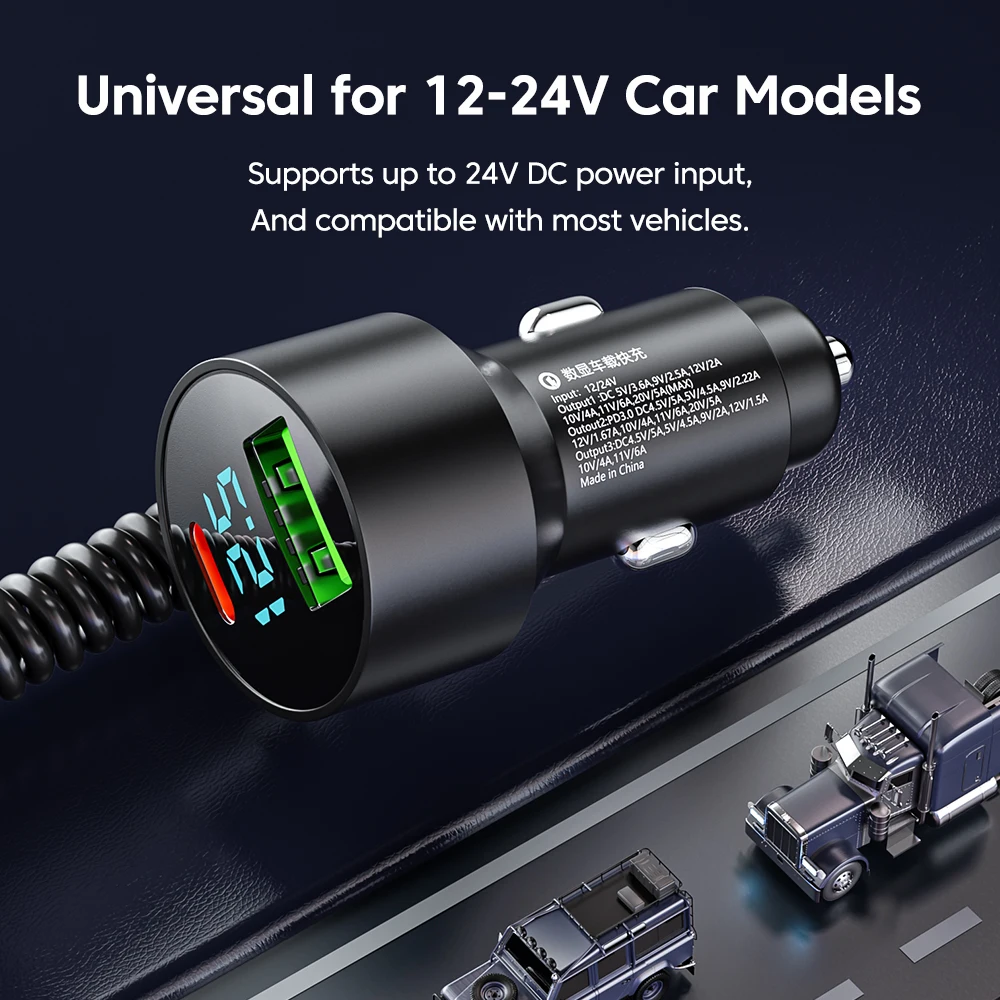 230W Car Charger With 3 in 1 Fast Charging Retractable Spring Cable PD Type C QC3.0 USB C Car Phone Charger For Samsung iphone