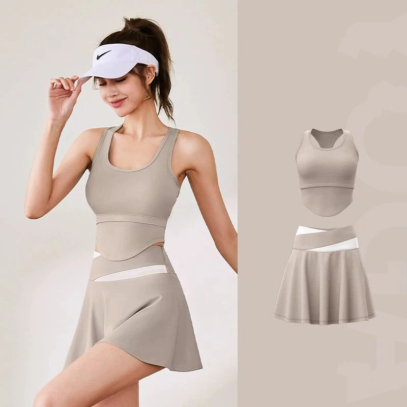 Women Summer Lightweight High Waist Slim Fit Squat Proof Skort Matching Sets U-Shaped Cutout Wide Strap Tank Top Yoga Sets